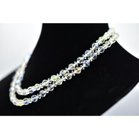 Vintage Aurora Borealis Crystal Double Strand Beaded Collar Necklace Shiny BinA - Picture 4 of 12